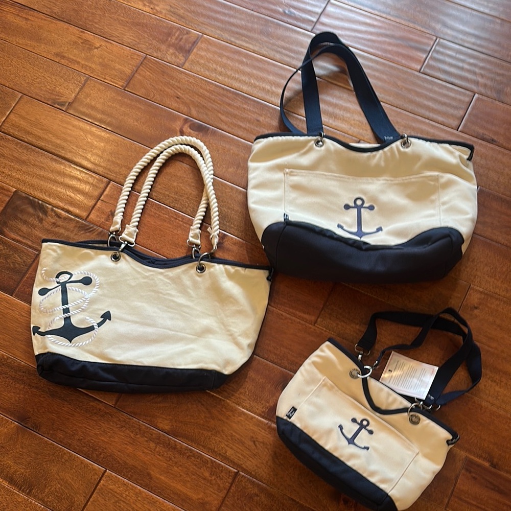Thirty One Nautical Anchor Canvas Tote and Cooler Bag Set - Navy and Cream